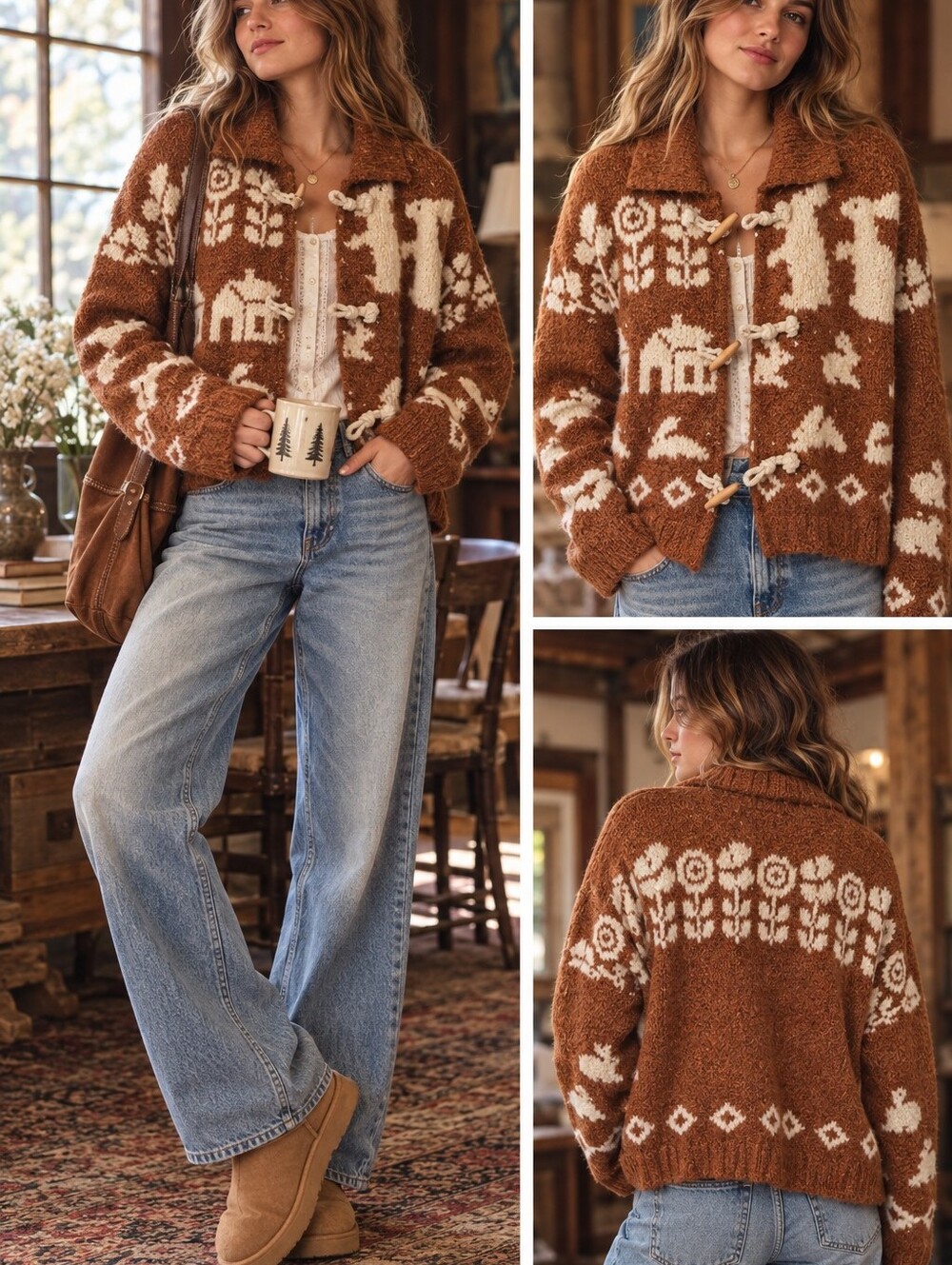 Free People Rust and Cream Toggle Knit Cardigan